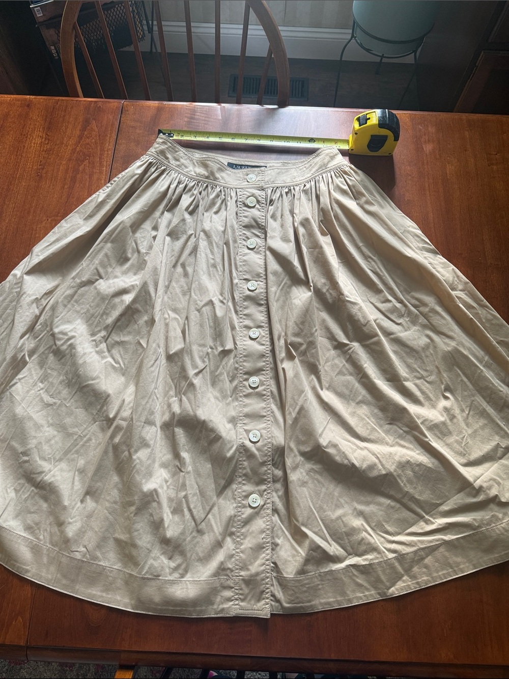 Lauren Ralph Lauren Tan Gathered Button Up Full Midi Skirt Sz 8 - Picture 4 of 8
